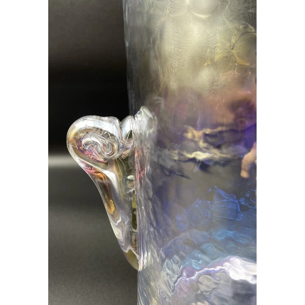 Anthropologie Zaza Iridescent Hammered Glass Ice Bucket Scroll Handles 8.5in H